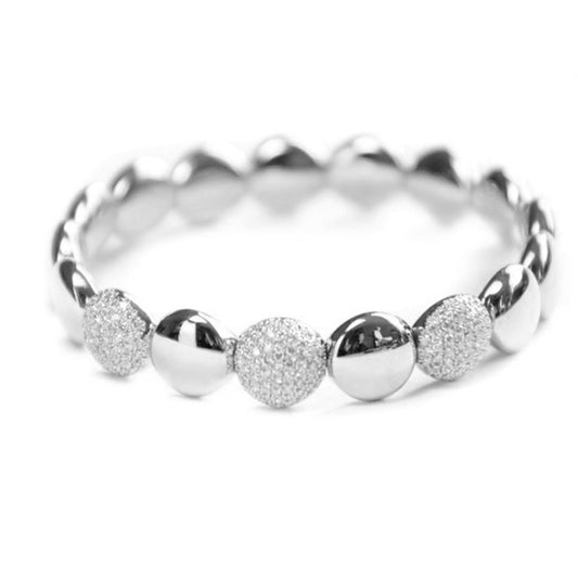 The Hulchi Belluni Tresore 18K White Gold Diamond Bracelet showcases alternating smooth and textured round beads, with the textured beads set with round brilliant diamonds totaling 1.15 CTW, shown on a white background.