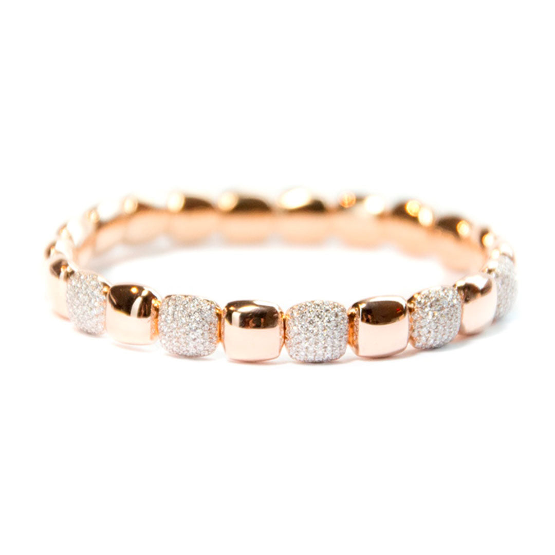 The Hulchi Belluni Tresore 18K Rose and White Gold Diamond Bracelet features alternating smooth and pavé diamond-encrusted rounded square links, displayed on a white background.