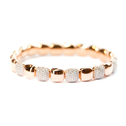 The Hulchi Belluni Tresore 18K Rose and White Gold Diamond Bracelet features alternating smooth and pavé diamond-encrusted rounded square links, displayed on a white background.