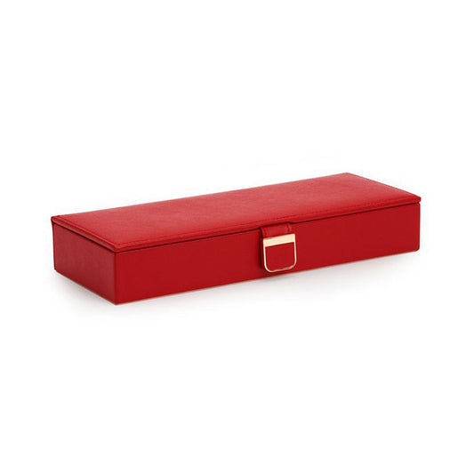 A sophisticated jewelry case, the WOLF 1834 Palermo Safe Deposit Box is a closed rectangular red box featuring a smooth surface and an elegant small gold latch in the center. It sits gracefully on a plain white background, making it an ideal choice for displaying your treasured pieces with style.