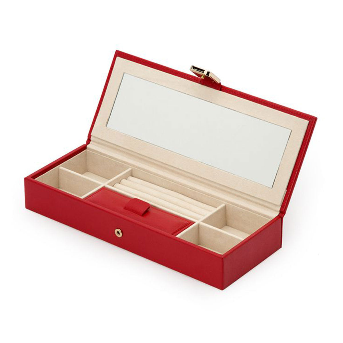 This sophisticated WOLF 1834 Palermo Safe Deposit Box features a stylish red exterior and a mirror inside the lid. Its beige interior is elegantly arranged with compartments, including cushioned slots for rings, and is enhanced with LusterLoc anti-tarnish lining to keep your treasures pristine and radiant.