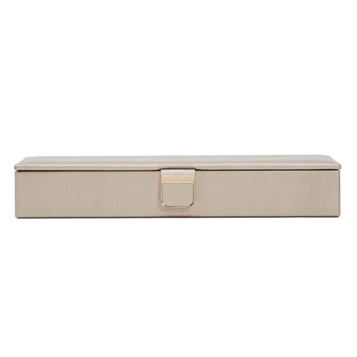 The WOLF 1834 Palermo Safe Deposit Box is a rectangular, beige leather jewelry case with a metal clasp on the front. Crafted by WOLF, this box features LusterLoc technology and boasts a smooth, minimalistic design when closed.