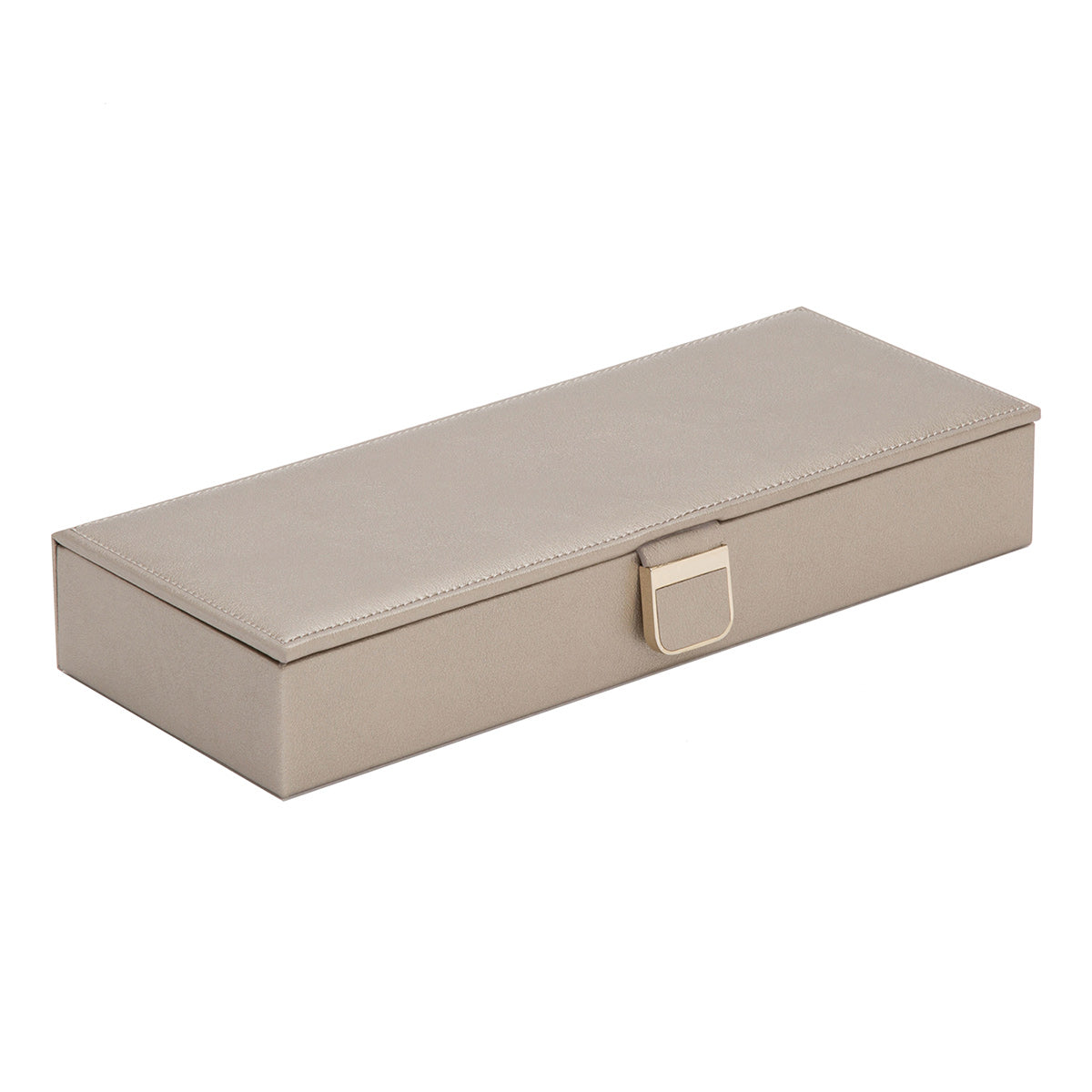 Set against a plain white background, the WOLF 1834 Palermo Safe Deposit Box features a closed, rectangular beige leather design with a sleek appearance and a metal latch on the front, boasting innovative LusterLoc technology by the brand WOLF.