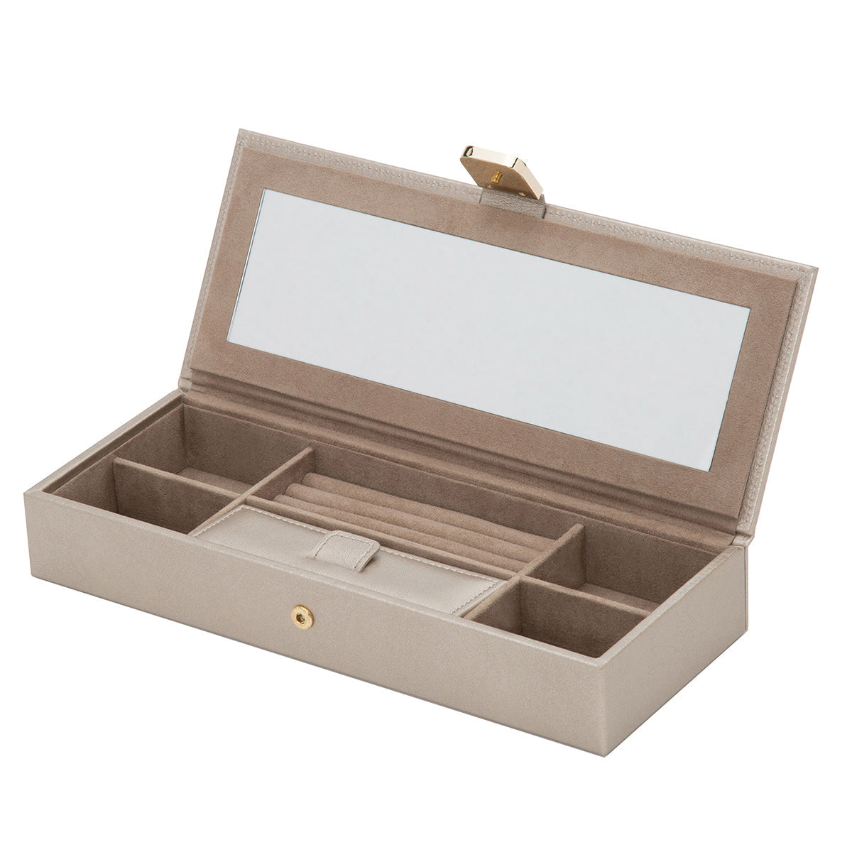 The WOLF 1834 Palermo Safe Deposit Box by WOLF is an open rectangular jewelry case with a beige leather exterior and a compartmentalized interior, featuring a mirror on the inside lid. It includes multiple sections for organizing jewelry and has a clasp closure, enhanced with LusterLoc technology to preserve your precious items.