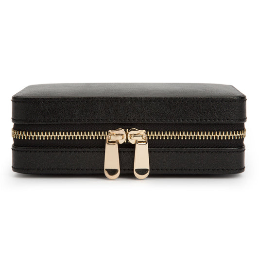 The WOLF 1834 Palermo Zip Case, a sophisticated black leather jewelry storage solution, showcases its elegant design with a gold zipper featuring two pulls. Set against a plain white background, this compact case incorporates the advanced LusterLoc™ anti-tarnish lining to keep your valuables pristine and stylishly protected.