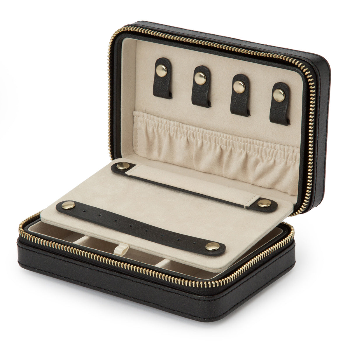 The WOLF 1834 Palermo Zip Case is an elegant black leather case perfect for jewelry storage. Its zippered closure opens to reveal multiple compartments, including hooks for necklaces, a secure band for rings, slots for earrings, and a luxurious LusterLoc™ anti-tarnish soft beige interior lining.