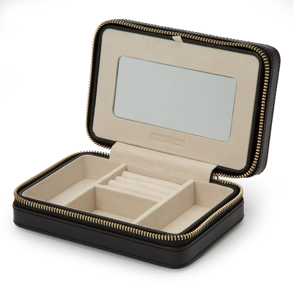 The WOLF 1834 Palermo Zip Case by WOLF is a sleek black leather accessory that opens to reveal a mirror, ring slots, and compartments inside, ideal for storing jewelry. Its interior features a beige LusterLoc™ anti-tarnish lining to ensure your pieces remain pristine and shining.