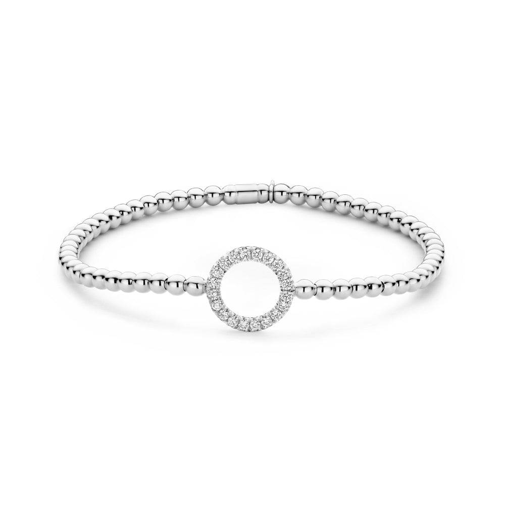 The Hulchi Belluni 18K White Gold Diamond Bracelet features silver beads and a circular charm with sparkling crystals and 0.28 CTW round brilliant diamonds, elegantly shown against a plain white background.