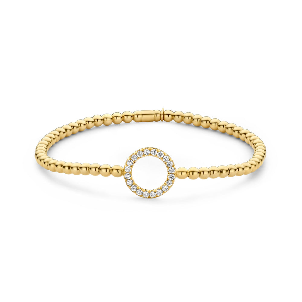 The Hulchi Belluni 18K Yellow Gold Diamond Bracelet showcases a gold beaded design with a central open circle adorned with 0.28 CTW round brilliant diamonds, set against a white background.