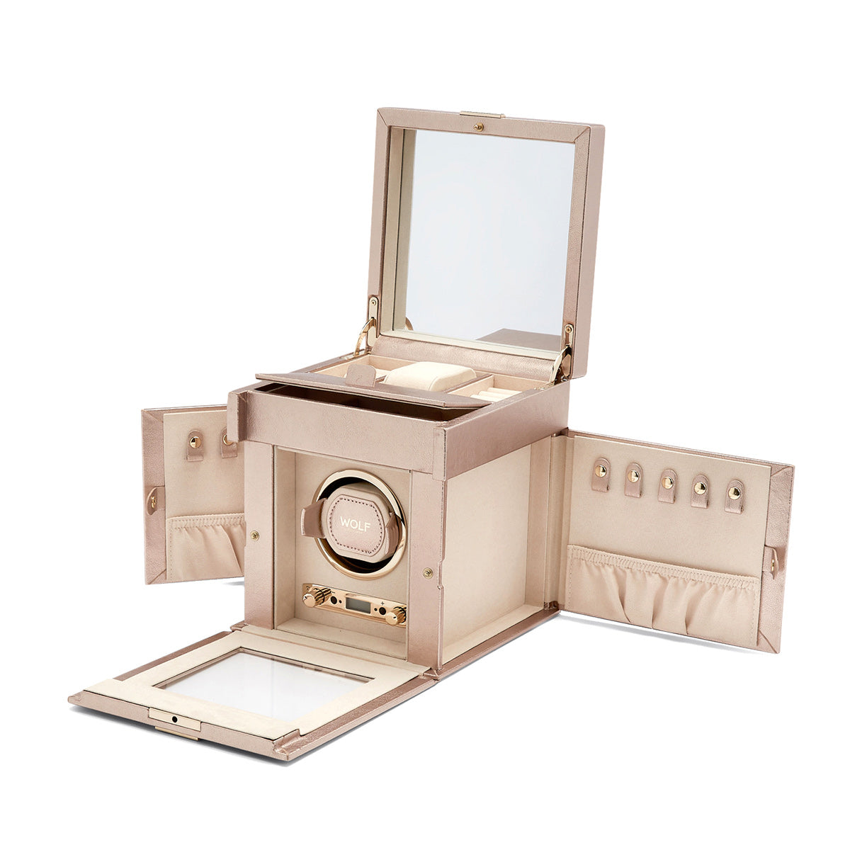 Introducing the WOLF 1834 Palermo Single Winder With Jewellery Storage: a luxurious beige jewelry box featuring a large mirror inside the lid. This elegant piece includes multiple compartments for your accessories, slots for organized storage, and a central watch winder with rotation options to display your timepiece. Additionally, the sides open to reveal extra storage space, all crafted by the renowned brand WOLF.