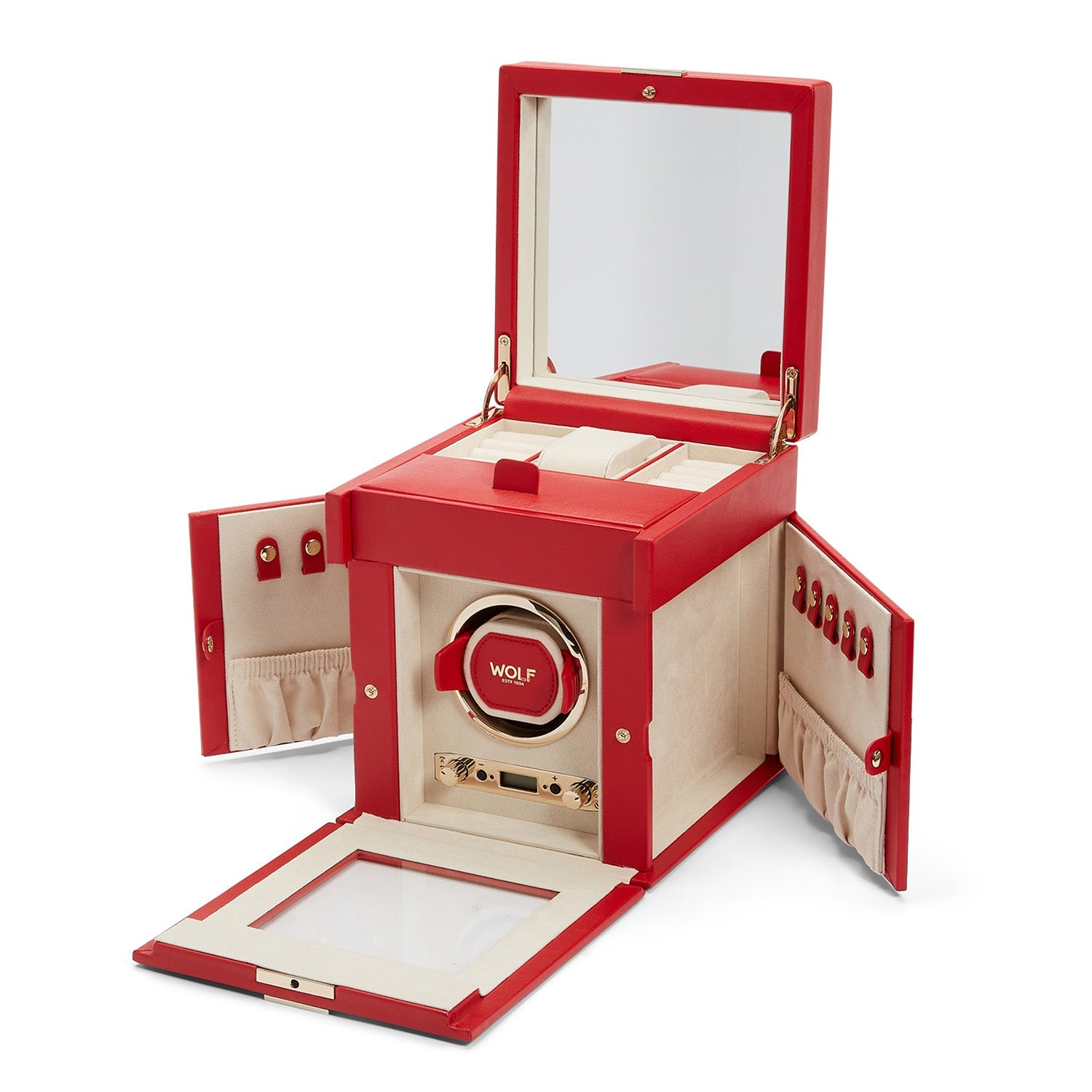The WOLF 1834 Palermo Single Watch Winder with Jewellery Storage by WOLF is available in red and features various storage compartments, cushioned slots, and small hooks. When opened, it reveals a lock-in dynamic cuff in the main compartment designed to hold and wind your watch. The winder also includes a mirrored lid, a transparent front panel, and a power reserve setting for enhanced convenience.