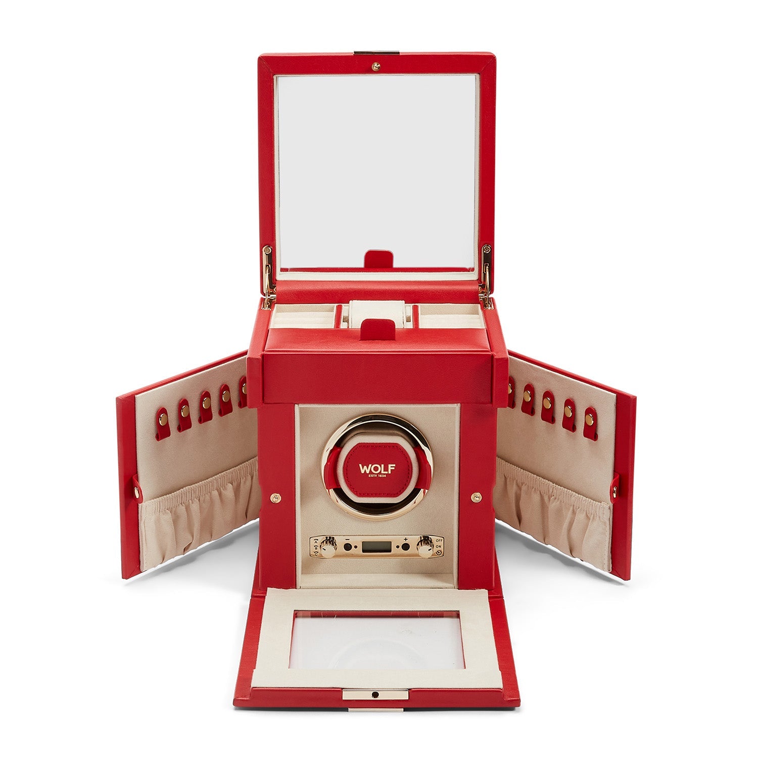 The WOLF 1834 Palermo Single Watch Winder with Jewellery Storage, in striking red, features a glass lid that reveals numerous compartments and storage options. Its beige interior is lined with soft fabric and includes doors equipped with hooks for hanging jewelry. At the center, a round compartment prominently displays the "WOLF" winder, ideal for those attentive to power reserve settings.