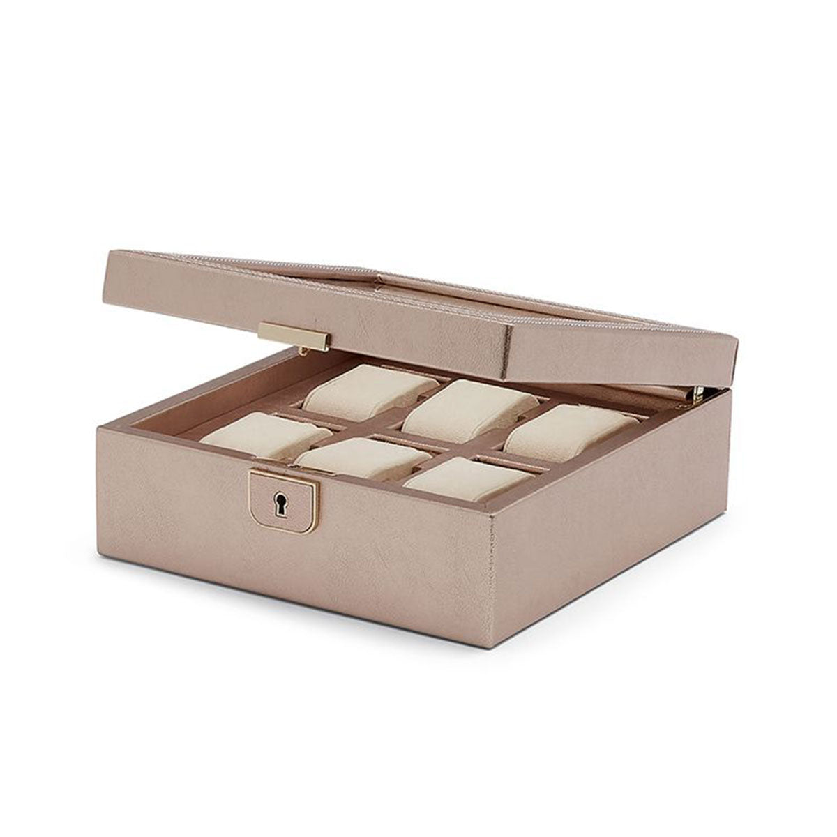 The WOLF 1834 Palermo 6 Piece Watch Box in beige leather, featuring a lock and partially open design, reveals six cushioned compartments that secure your timepieces while displaying them with style.