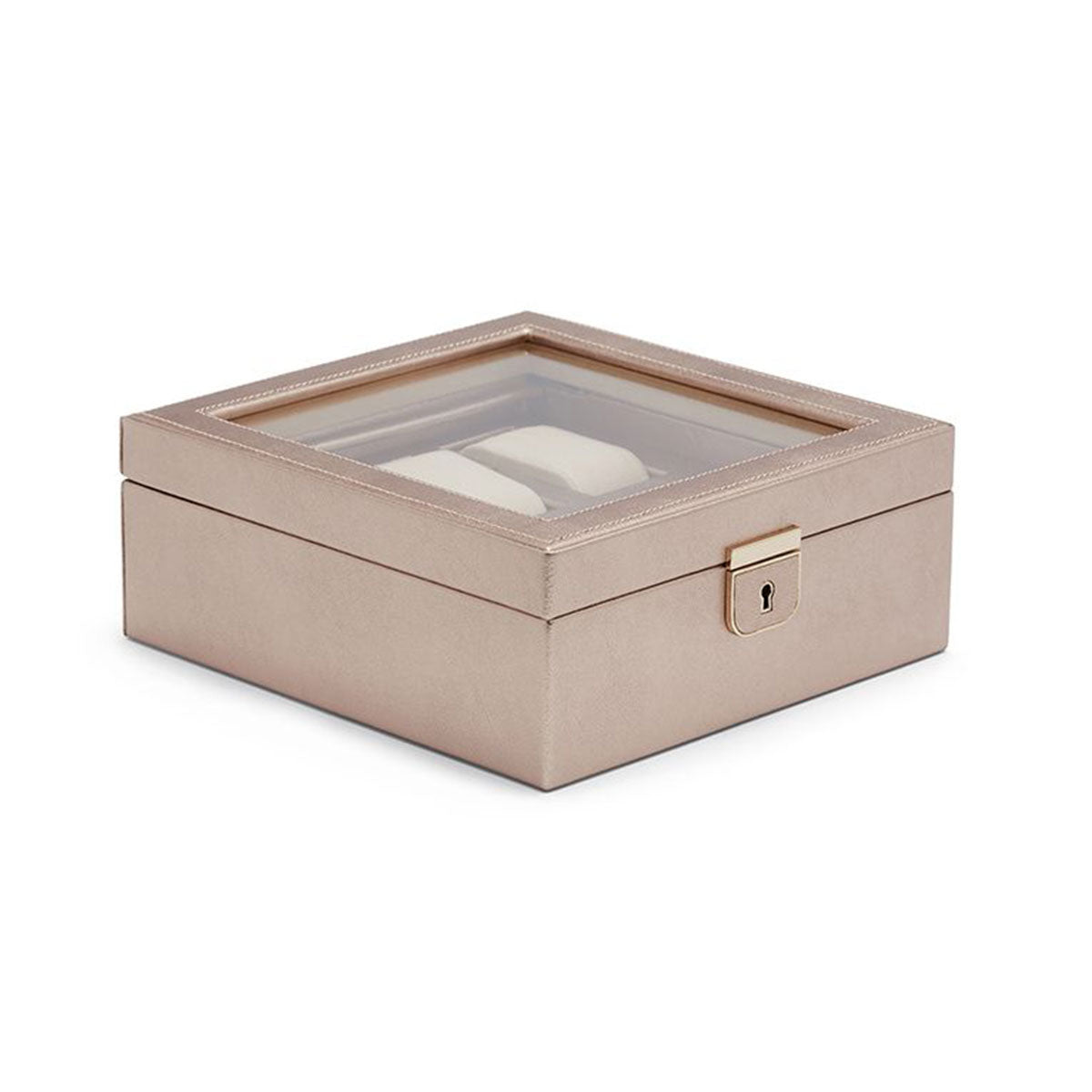 The WOLF 1834 Palermo 6 Piece Watch Box is a beige jewelry box with a glass top that reveals padded watch compartments for storing items. Resembling a leather watchbox, it features a small keyhole on the front for locking.