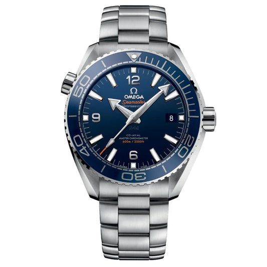 The exquisite OMEGA Seamaster Planet Ocean 600M Co-Axial Master Chronometer 43.5mm Watch showcases a striking blue dial with prominent numerals, a date display at the 3 o'clock position, and a rotating bezel. It includes luminous hour markers on its stainless steel bracelet, capturing the precision of a Master Chronometer.