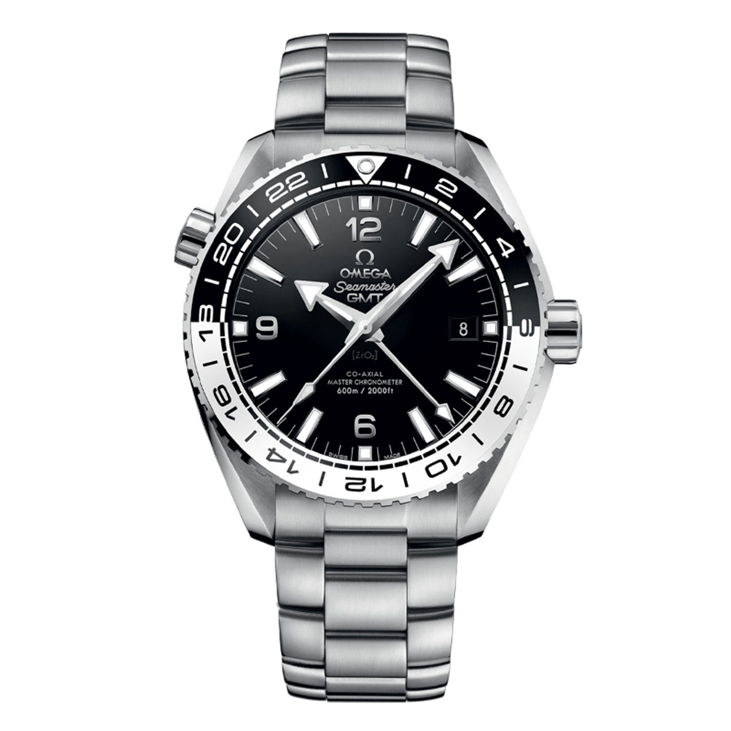 The OMEGA Seamaster Planet Ocean 600M Co-Axial Master Chronometer GMT 43.5mm Watch by OMEGA showcases a stainless steel build, highlighted by a black dial and rotating bezel. It includes white hour markers, prominent numerals, and a date window positioned at 3 o'clock, paired with a polished link bracelet.