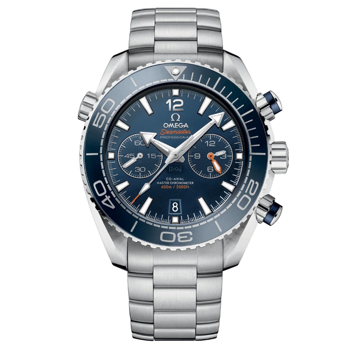 The OMEGA Seamaster Planet Ocean 600M Co-Axial Master Chronometer Chronograph 45.5mm Watch features a metal band and boasts a striking blue dial with three subdials and a date display. It includes bold number markers, a unidirectional bezel, and silver and blue side buttons.