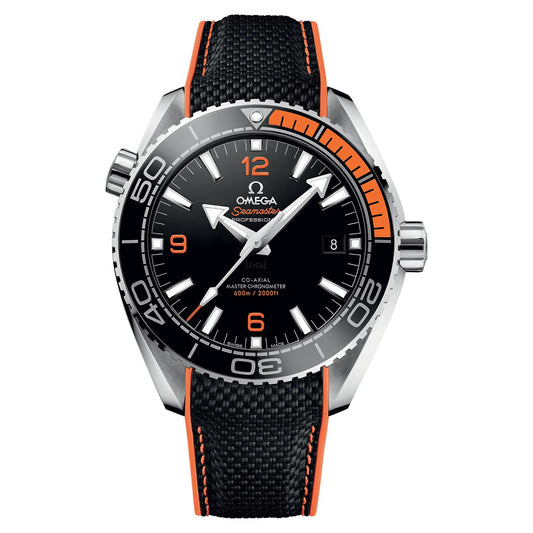 The OMEGA Seamaster Planet Ocean 600M Co-Axial Master Chronometer 43.5mm Watch, from the brand OMEGA, showcases a sporty design with a black face complemented by bold white hour markers and vibrant orange accents. It features a robust stainless steel case paired with a textured black strap accented by orange edges and offers water resistance up to 600 meters.