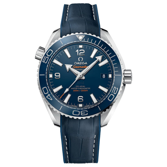 The OMEGA Seamaster Planet Ocean 600M Co-Axial Master Chronometer 39.5mm Watch is equipped with a blue leather strap and a striking stainless steel bezel. This timepiece boasts large white numerals, a date feature, and silver edges. It is water-resistant up to 600 meters, making it ideal for underwater exploration.