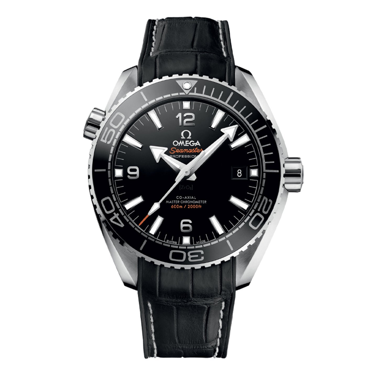 The OMEGA Seamaster Planet Ocean 600M Co-Axial Master Chronometer 43.5mm Watch features a stainless steel case, a black dial, and a sophisticated black leather strap. It includes silver hour markers, a date window at the 3 o'clock position, and a unidirectional rotating bezel with numerals. A true masterpiece of precision and style from OMEGA.