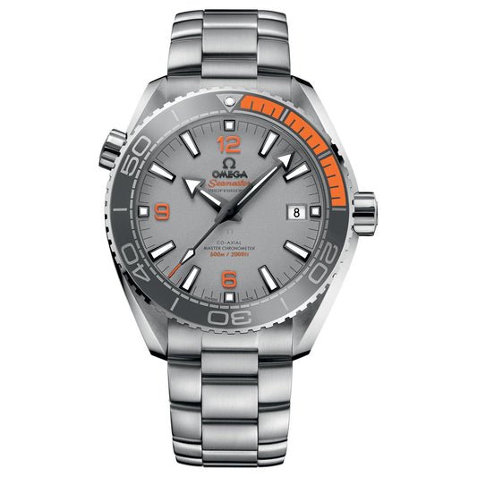 A silver OMEGA Seamaster Planet Ocean 600M Co-Axial Master Chronometer 43.5mm watch with a grey and orange bezel, a silver bracelet, and a date display. This watch face showcases large numeral markers and a prominent OMEGA logo.