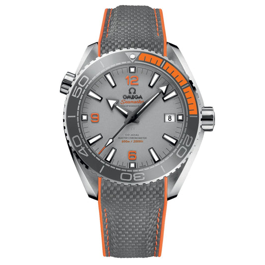 An OMEGA Seamaster Planet Ocean 600M Co-Axial Master Chronometer 43.5mm Watch in gray and orange features a textured strap. This timepiece includes a silver bezel with white markings, large white hour markers, and an orange second hand. It prominently displays the date at the 3 o'clock position and is certified as a Master Chronometer.