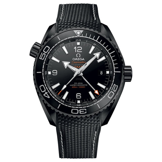 An OMEGA Seamaster Planet Ocean 600M Co-Axial Master Chronometer GMT 45.5mm watch in black is showcased. It boasts a black dial enhanced with white numerals and markers, a date window, and striking orange accents. The textured finish on the strap, crafted with Liquidmetal™ ceramic expertise, perfectly complements its elegant design.