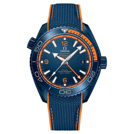 The OMEGA Seamaster Planet Ocean 600M Co-Axial Master Chronometer GMT 45.5mm watch features a textured blue ceramic strap and combines a blue dial with an orange bezel, accompanied by silver hour markers. The automatic movement is displayed in this striking divers' watch, with the date set to the 8th.