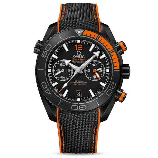 An exquisite OMEGA Seamaster Planet Ocean 600M Co-Axial Master Chronometer Chronograph 45.5mm Watch Deep Black, featuring a ceramic case enhanced with vibrant orange accents. This premium diver's chronograph includes a black dial adorned with three subdials, a date indicator, and a distinctive bezel marked with numerals and indices.