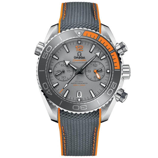 The OMEGA Seamaster Planet Ocean 600M Co-Axial Master Chronometer Chronograph 45.5mm Watch, in silver and grey with orange accents, showcases a textured strap. Its design, inspired by the Planet Ocean series, includes three sub-dials, a date display at the 6 o'clock position, prominent hour markers, and a rotating bezel.