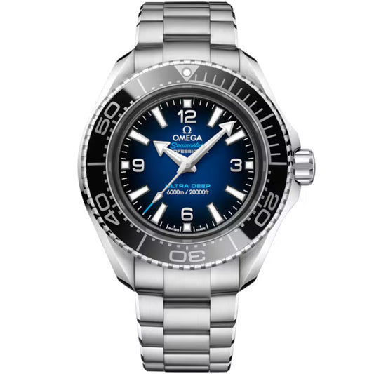 The OMEGA Seamaster Planet Ocean 6000M Ultra Deep Co-Axial Master Chronometer 45.5mm watch features a blue-black gradient dial, bold white markers, stainless steel bracelet, and is water-resistant to 6000m/20000ft.
