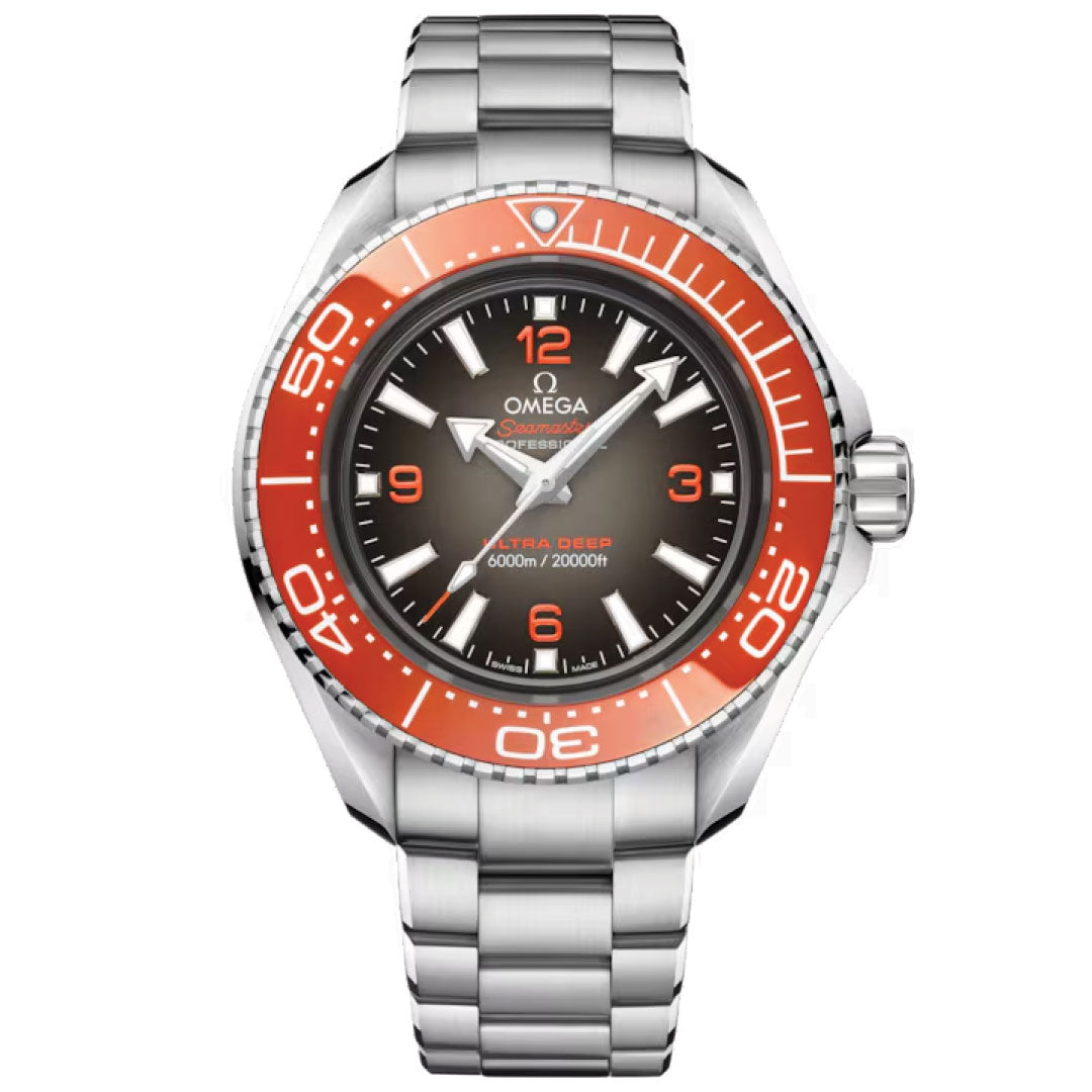 An OMEGA Seamaster Planet Ocean 6000M Ultra Deep Co-Axial Master Chronometer watch, featuring a silver stainless steel bracelet and an eye-catching orange bezel. The sleek black dial displays white hour markers and hands, with inscriptions of "Planet Ocean," "600m/2000ft," and "Co-Axial Master Chronometer" highlighting its remarkable water resistance.