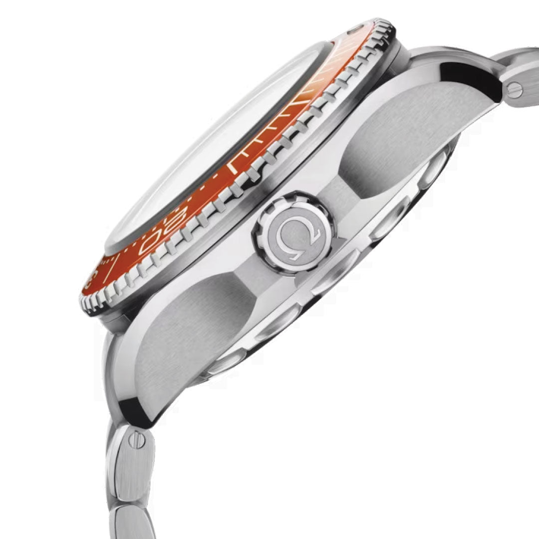 A detailed close-up side view of the OMEGA Seamaster Planet Ocean 6000M Ultra Deep Co-Axial Master Chronometer 45.5mm Watch, featuring a stainless steel finish with an orange bezel that enhances its sophisticated crown and water-resistant capabilities. The watch is equipped with a silver band and round case, making it ideal for underwater exploration.