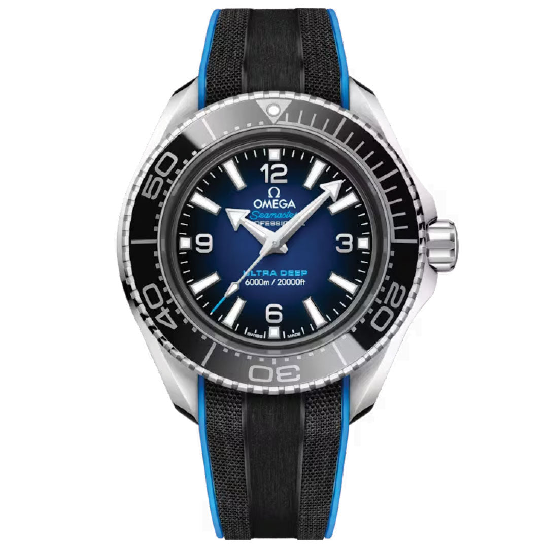 This water-resistant timepiece, the OMEGA Seamaster Planet Ocean 6000M Ultra Deep Co-Axial Master Chronometer 45.5mm Watch, features a black and blue band paired with a striking blue gradient dial. Its prominent bezel includes minute markings and metallic hour markers, while the face is adorned with "Omega," "Seamaster," and "Ultra Deep.