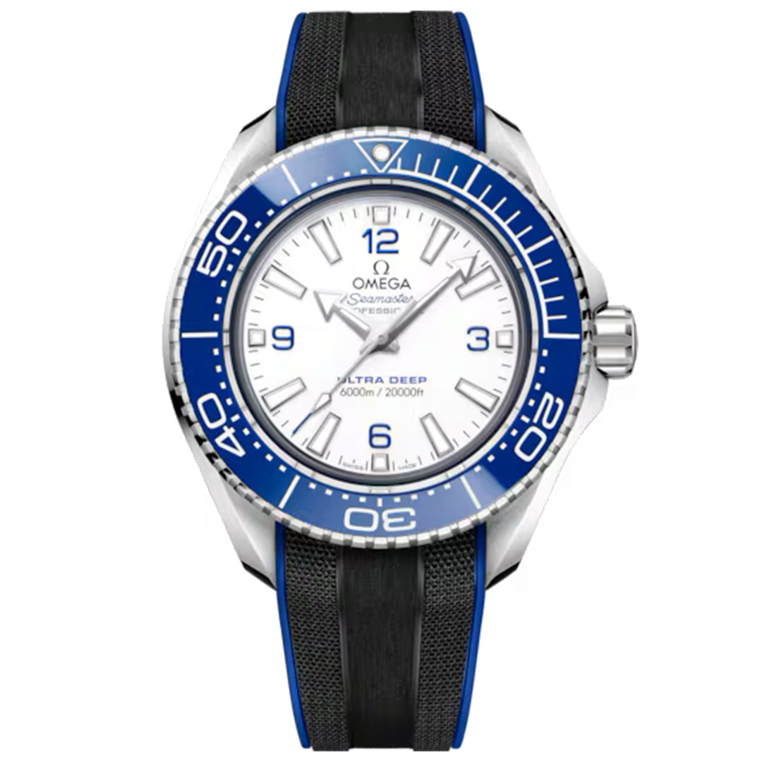 The OMEGA Seamaster Planet Ocean 6000M Ultra Deep Co-Axial Master Chronometer 45.5mm watch, a top-tier divers’ timepiece, features a blue bezel, white face, bold numerals, black and blue rubber straps, distinctive markers, and a dial marked "6000m / 20000ft" to highlight its exceptional water resistance.