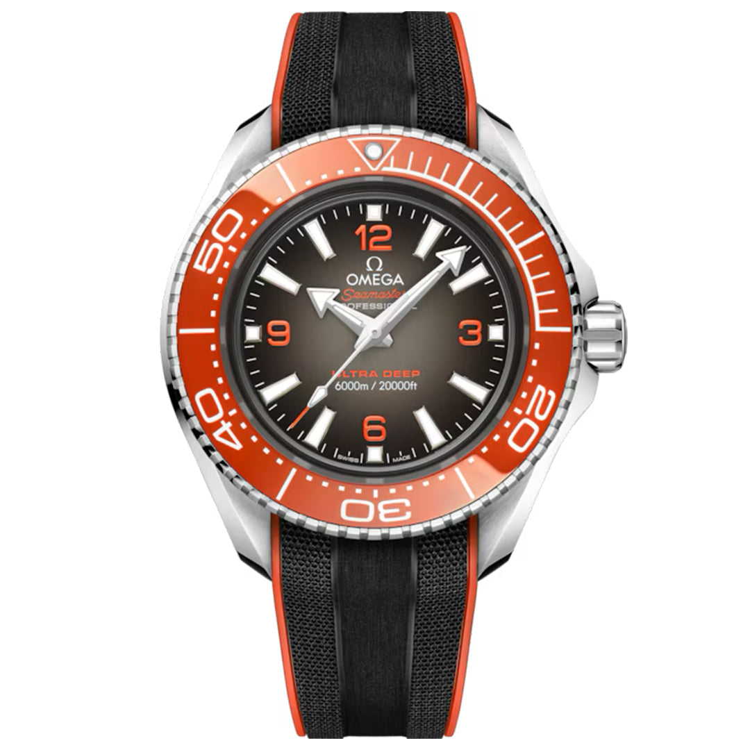 A luxurious O-MEGASTEEL wristwatch, the OMEGA Seamaster Planet Ocean 6000M Ultra Deep Co-Axial Master Chronometer 45.5mm, features a striking black and orange bezel and band with white numerals and Super-LumiNova hands for visibility, expertly marked for diving.
