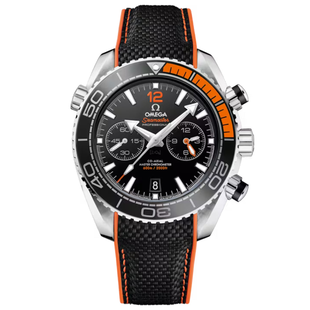 OMEGA Seamaster Planet Ocean 600M Co-Axial Master Chronometer Chronograph 45.5mm Watch in stainless steel features a black dial with orange accents, black bezel, three subdials, a date display, and a black strap with orange stitching.