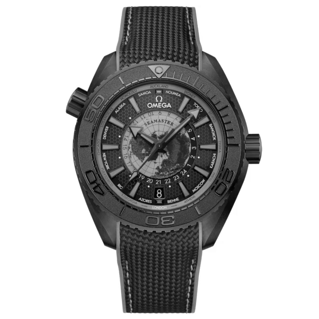 The OMEGA Seamaster Planet Ocean 600m Co-Axial Master Chronometer 43.5mm Watch features a black strap, bold hour markers, rotating bezel, durable ceramic case, and prominent OMEGA branding on the dial.