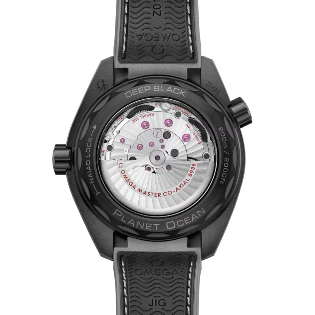 Back view of the OMEGA Seamaster Planet Ocean 600m Co-Axial Master Chronometer 43.5mm, featuring a black ceramic case and transparent caseback displaying the movement, with water resistance and model details marked on the back.