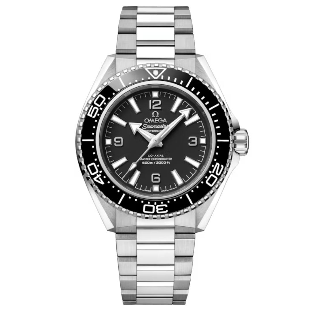 The OMEGA Seamaster Planet Ocean 600M Co-Axial Master Chronometer 42mm Watch features a stainless steel case, black dial with white hour markers and silver hands, date display, unidirectional bezel, and a metal link bracelet.