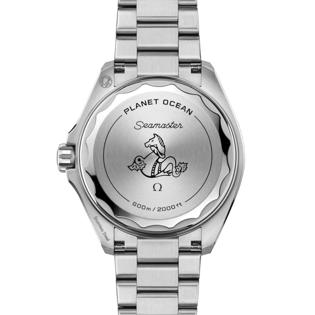 The back of the OMEGA Seamaster Planet Ocean 600M Co-Axial Master Chronometer 42mm Watch features engraved "PLANET OCEAN SEAMASTER," a seahorse, Omega logo, "600m/2000ft," and highlights its Co-Axial Master Chronometer movement.