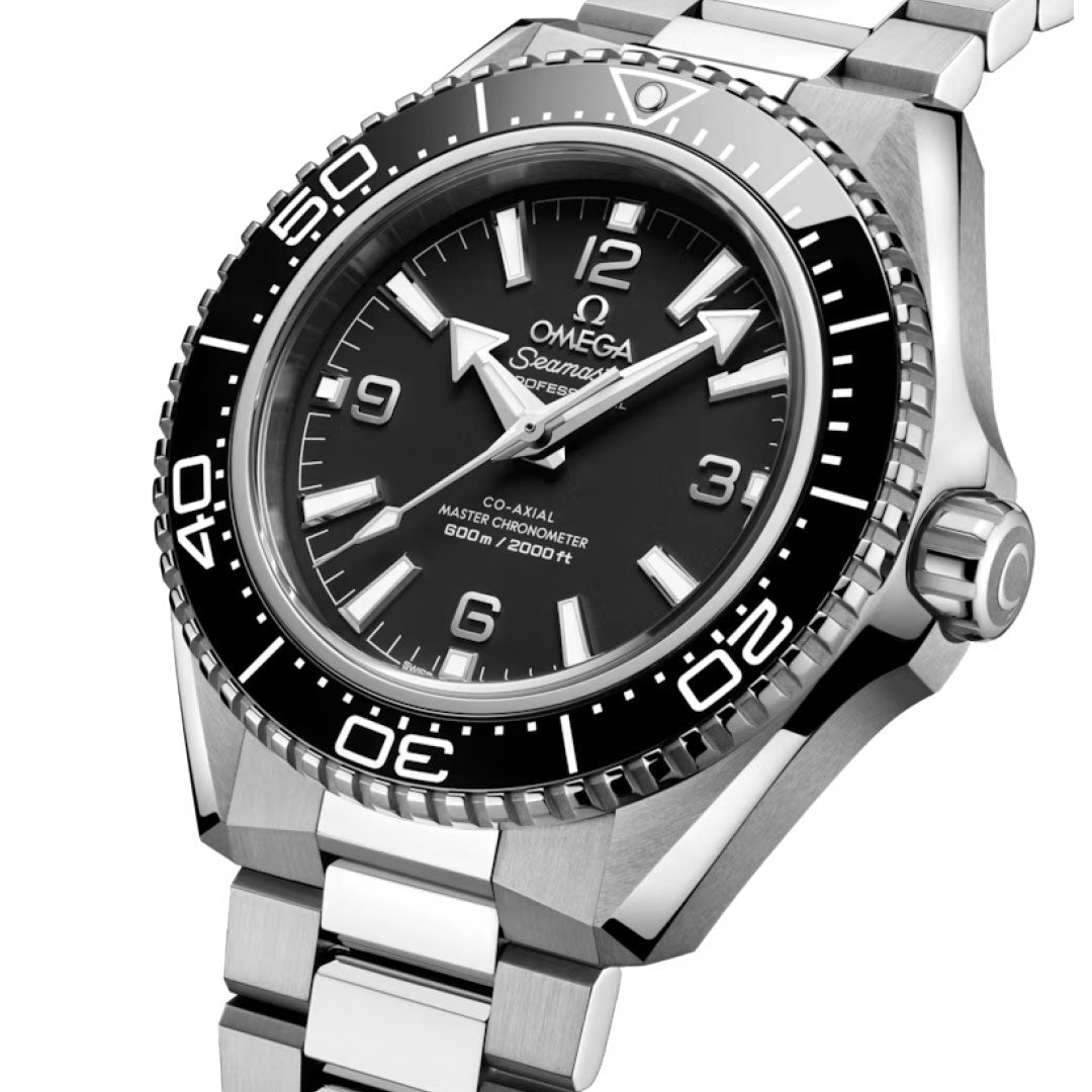 A close-up of the OMEGA Seamaster Planet Ocean 600M Co-Axial Master Chronometer 42mm Watch, featuring a black dial, white hour markers, rotating bezel, stainless steel bracelet, and 600m/2000ft water resistance.