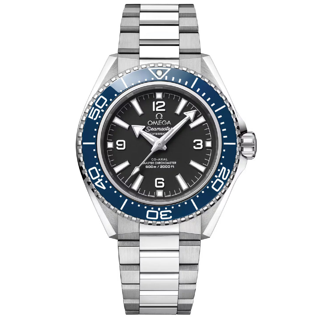 The OMEGA Seamaster Planet Ocean 600M Co-Axial Master Chronometer 42mm Watch features a stainless steel case, blue bezel, black dial, luminous hour markers, and a silver bracelet. Currently set to display the time as 10:09.