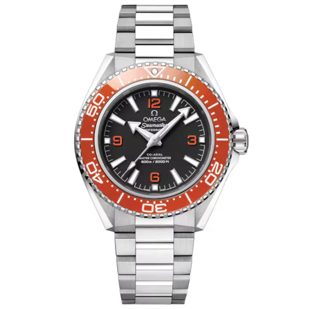 The OMEGA Seamaster Planet Ocean 600M Co-Axial Master Chronometer 42mm Watch features a stainless steel case, silver metal band, black dial with silver and orange hour markers, orange bezel, date display, and bold hands.