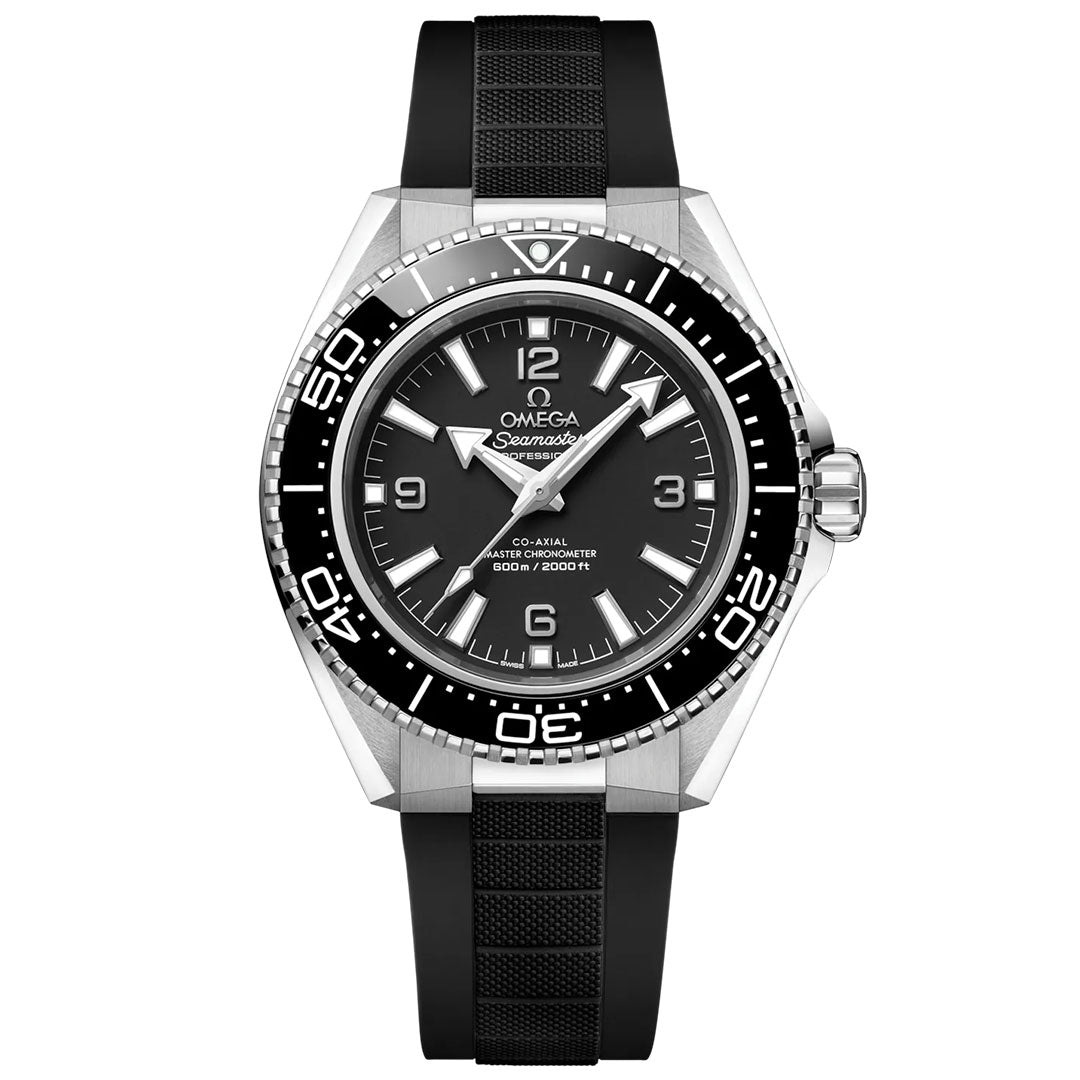 The OMEGA Seamaster Planet Ocean 600M Co-Axial Master Chronometer 42mm features a stainless steel case, black dial, white markers, silver hands, date display, black rotating bezel, and a black rubber strap. Time is set to 10:10.