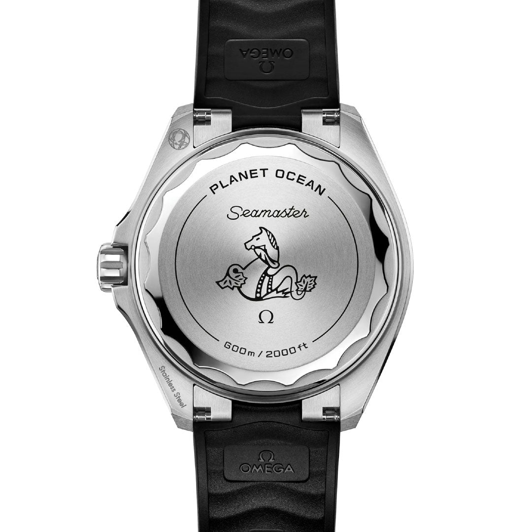 The OMEGA Seamaster Planet Ocean 600M Co-Axial Master Chronometer 42mm Watch features an engraved seahorse, wave pattern, and the inscriptions "PLANET OCEAN," "Seamaster," "600m/2000ft," plus the Omega logo on its black strap.