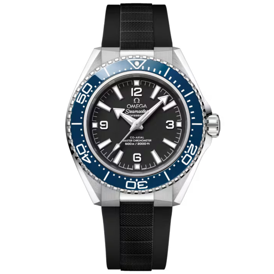 The OMEGA Seamaster Planet Ocean 600M Co-Axial Master Chronometer 42mm Watch features a stainless steel case, black dial with bold white markers and numerals at 3, 6, 9, and 12, blue bezel, black rubber strap, and the Master Chronometer logo.