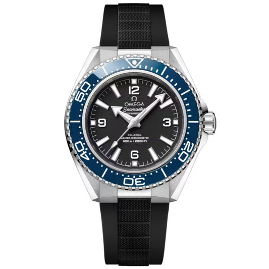 The OMEGA Seamaster Planet Ocean 600M Co-Axial Master Chronometer 42mm Watch features a stainless steel case, black dial with bold white markers and numerals at 3, 6, 9, and 12, blue bezel, black rubber strap, and the Master Chronometer logo.