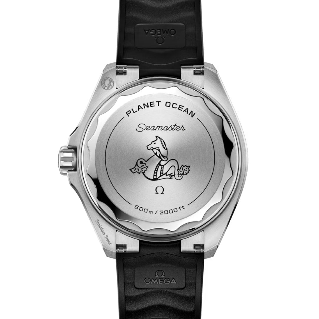 The OMEGA Seamaster Planet Ocean 600M Co-Axial Master Chronometer 42mm Watch features an engraved seahorse, Omega logo, “Planet Ocean Seamaster 600m/2000ft” on the caseback, and comes with a black strap.