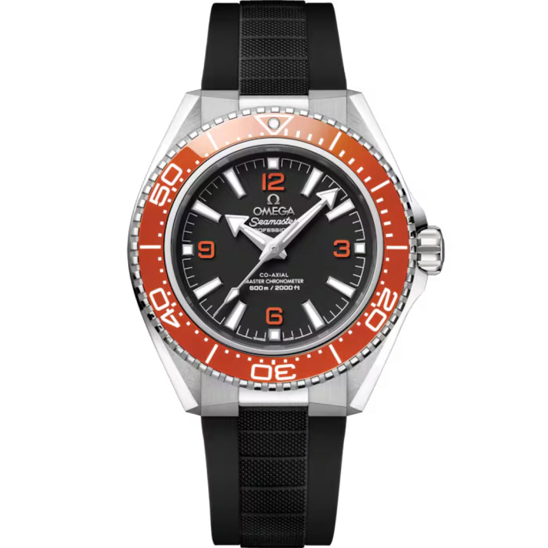 The OMEGA Seamaster Planet Ocean 600M Co-Axial Master Chronometer 42mm watch by OMEGA, featuring a black dial, orange bezel, black strap, and white hour markers, is shown against a plain white background.